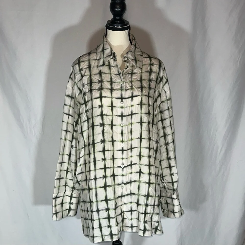 COS • 100% Silk Print Blouse **SEE MEASUREMENTS** Off-White Green Oversized - Picture 6 of 15